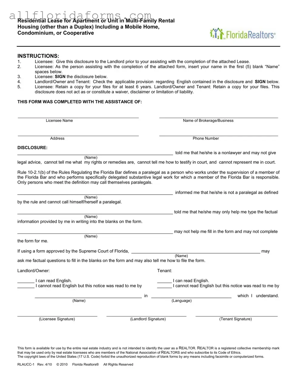 Florida Realtors Residential Lease Form in PDF