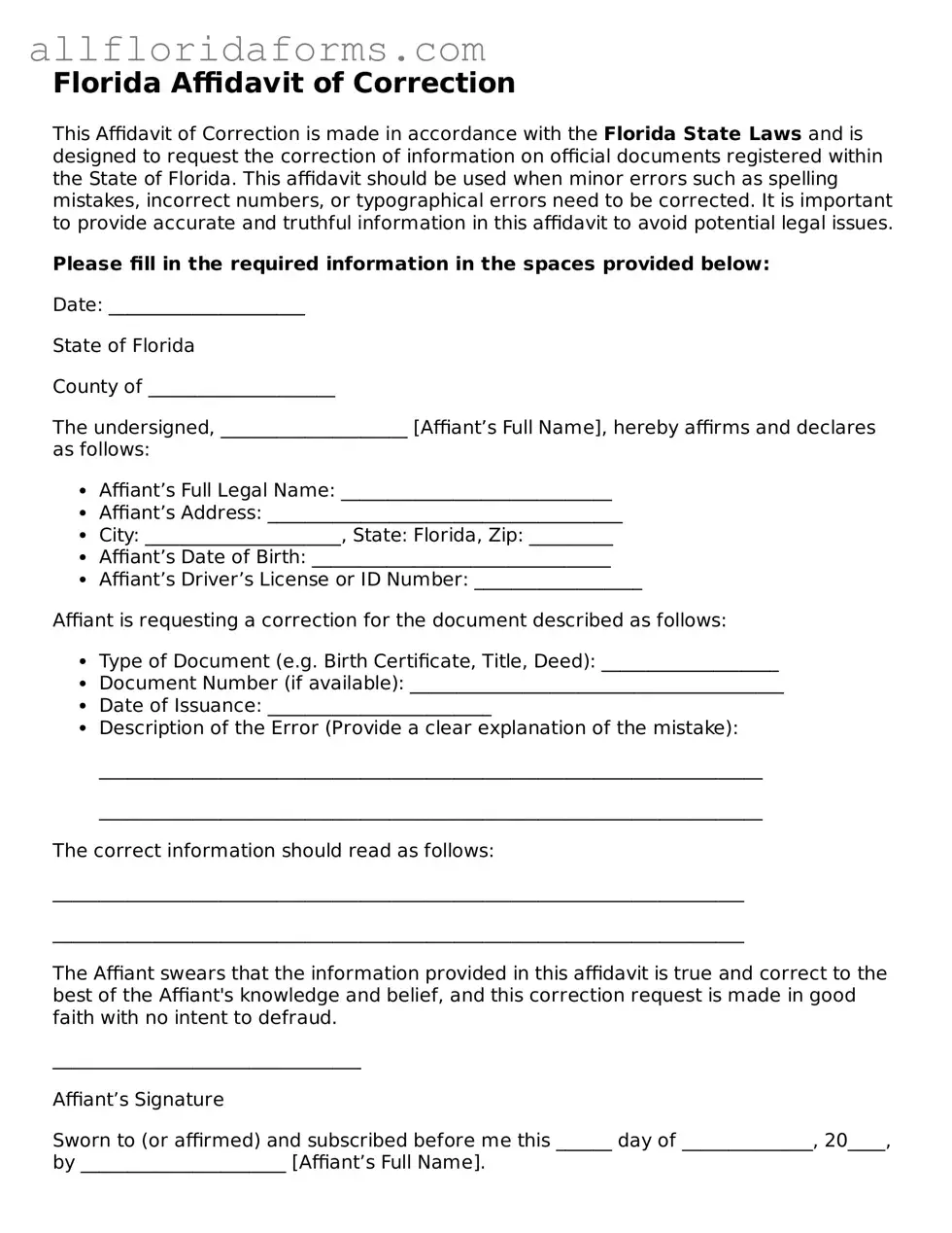 Attorney-Approved  Affidavit of Correction Template for Florida