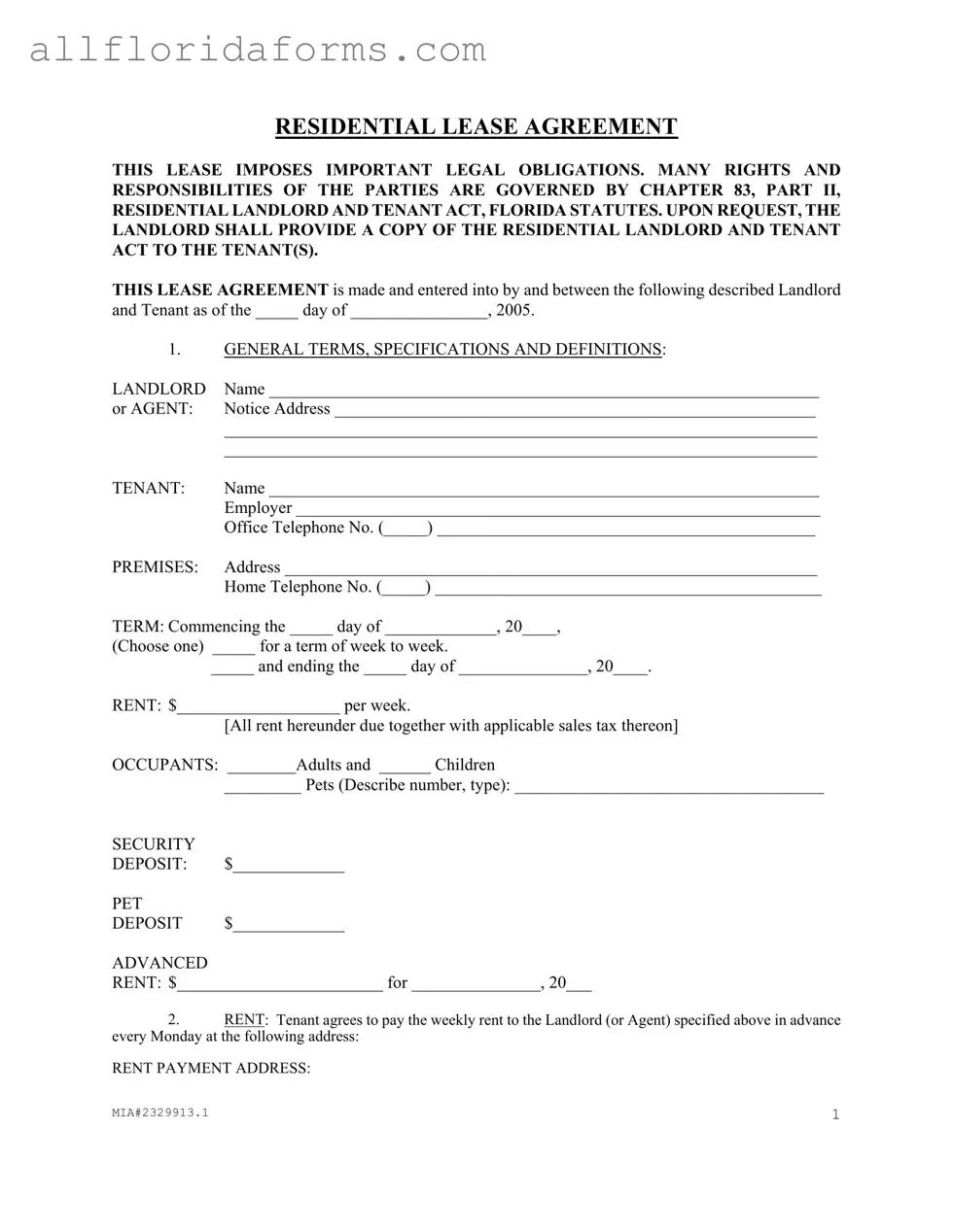 Florida Residential Agreement Form in PDF