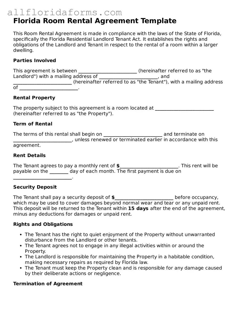 Attorney-Approved  Room Rental Agreement Template for Florida