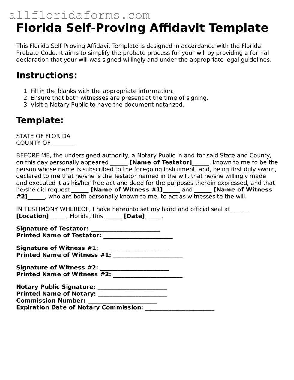 Attorney-Approved  Self-Proving Affidavit Template for Florida
