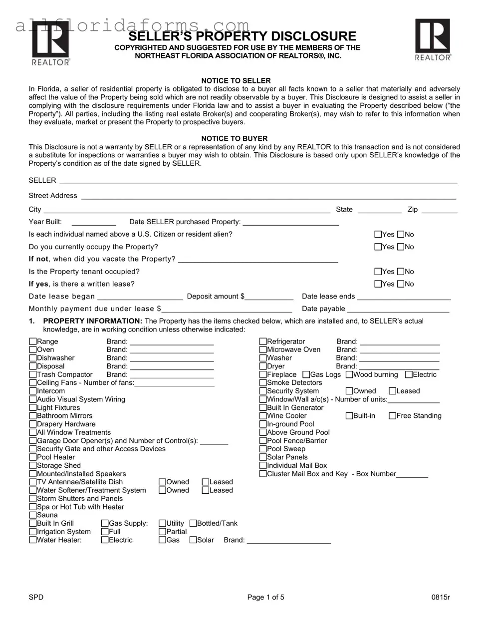 Florida Seller Property Form in PDF