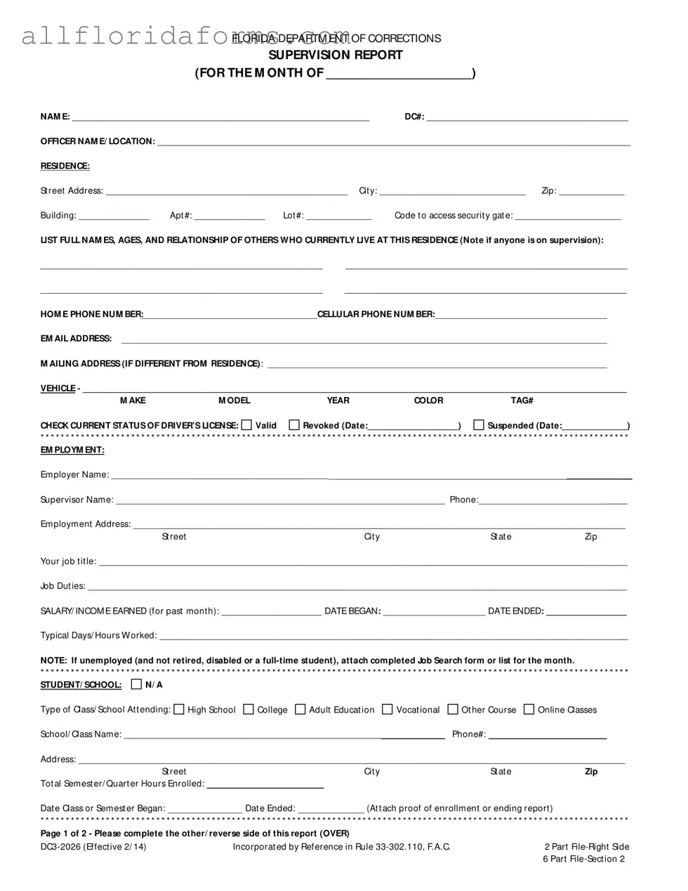 Florida Supervision Report Form in PDF