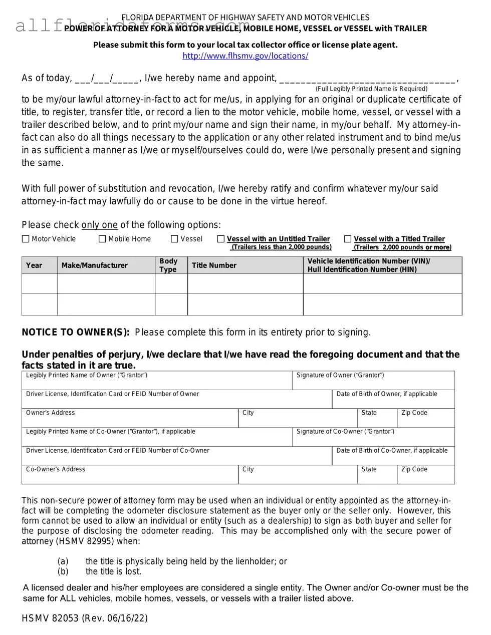 Florida Vehicle POA form 82053 Form in PDF