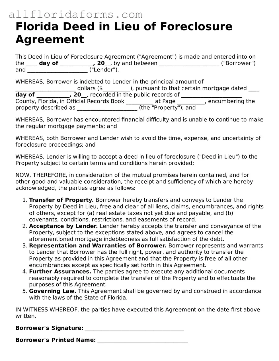 Attorney-Approved  Deed in Lieu of Foreclosure Template for Florida