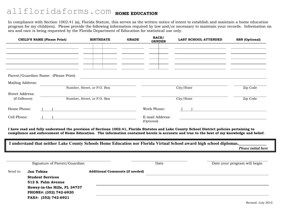 Intent To Homeschool Florida Form in PDF
