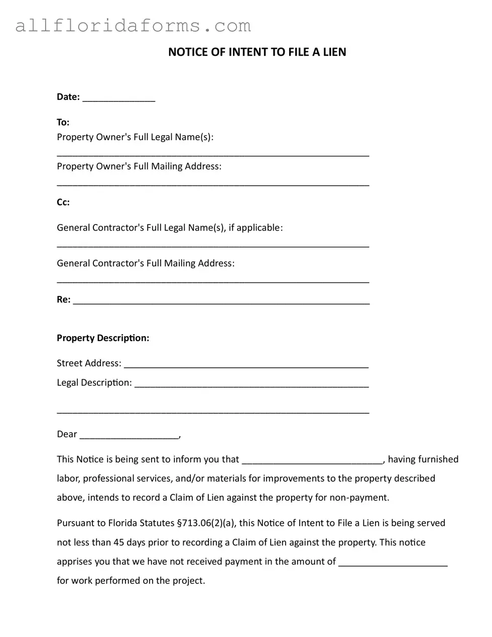 Intent To Lien Florida Form in PDF