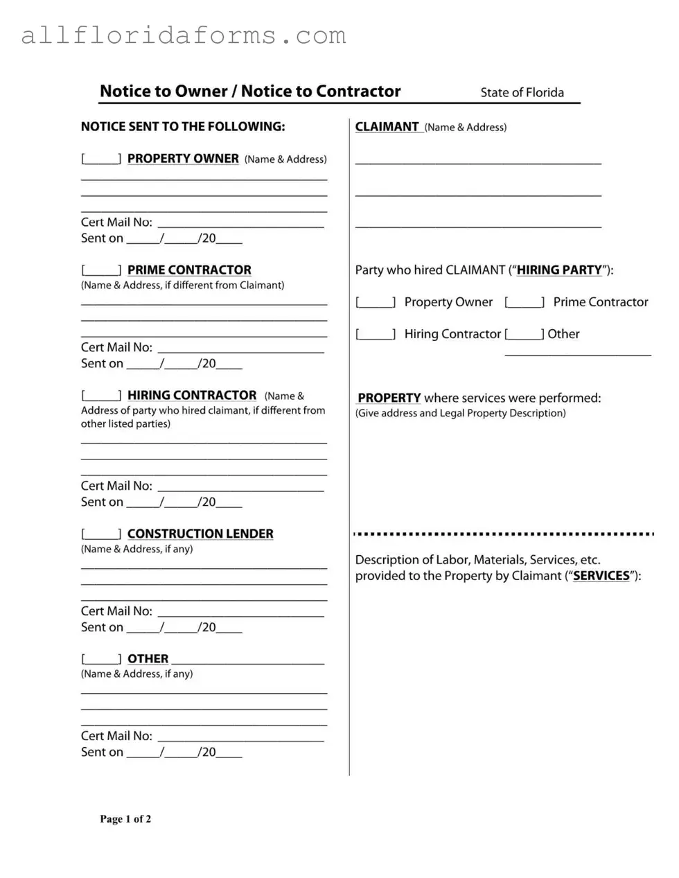 Notice Owner Florida Form in PDF