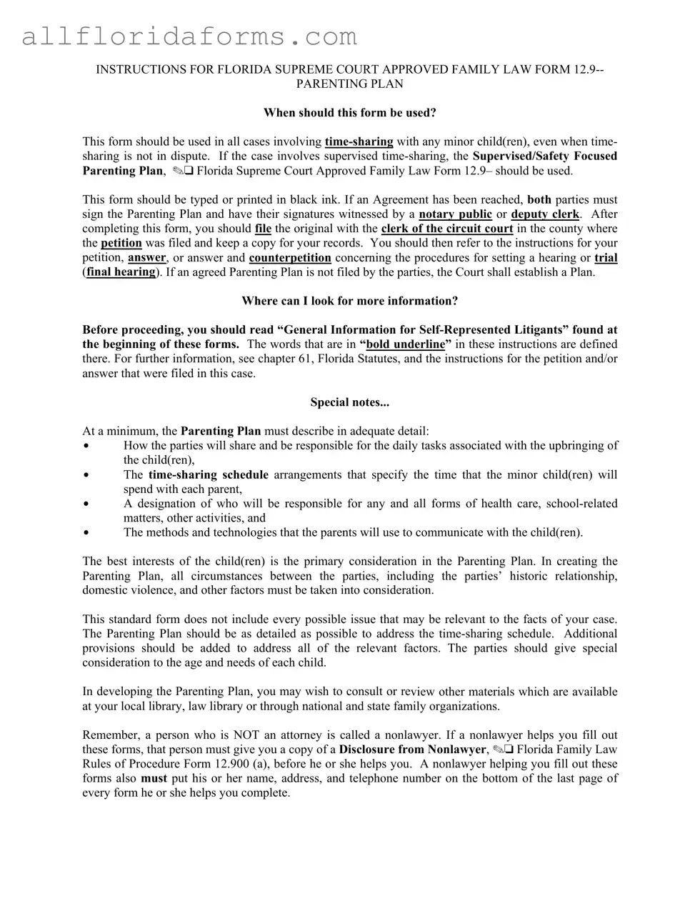 Parenting Plan Examples Florida Form in PDF