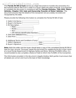 Attorney-Approved  RV Bill of Sale Template for Florida