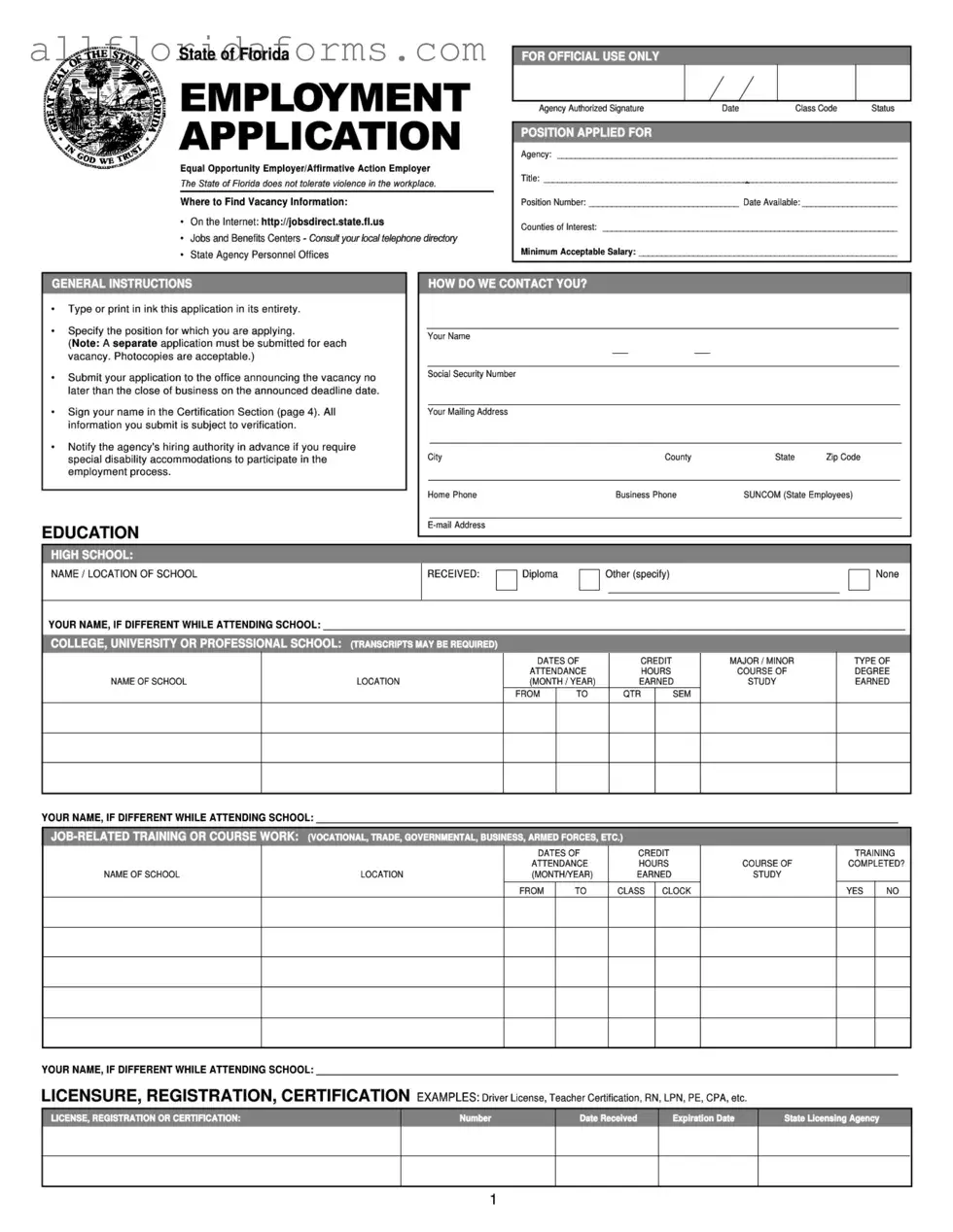 State Florida Employment Application Form in PDF